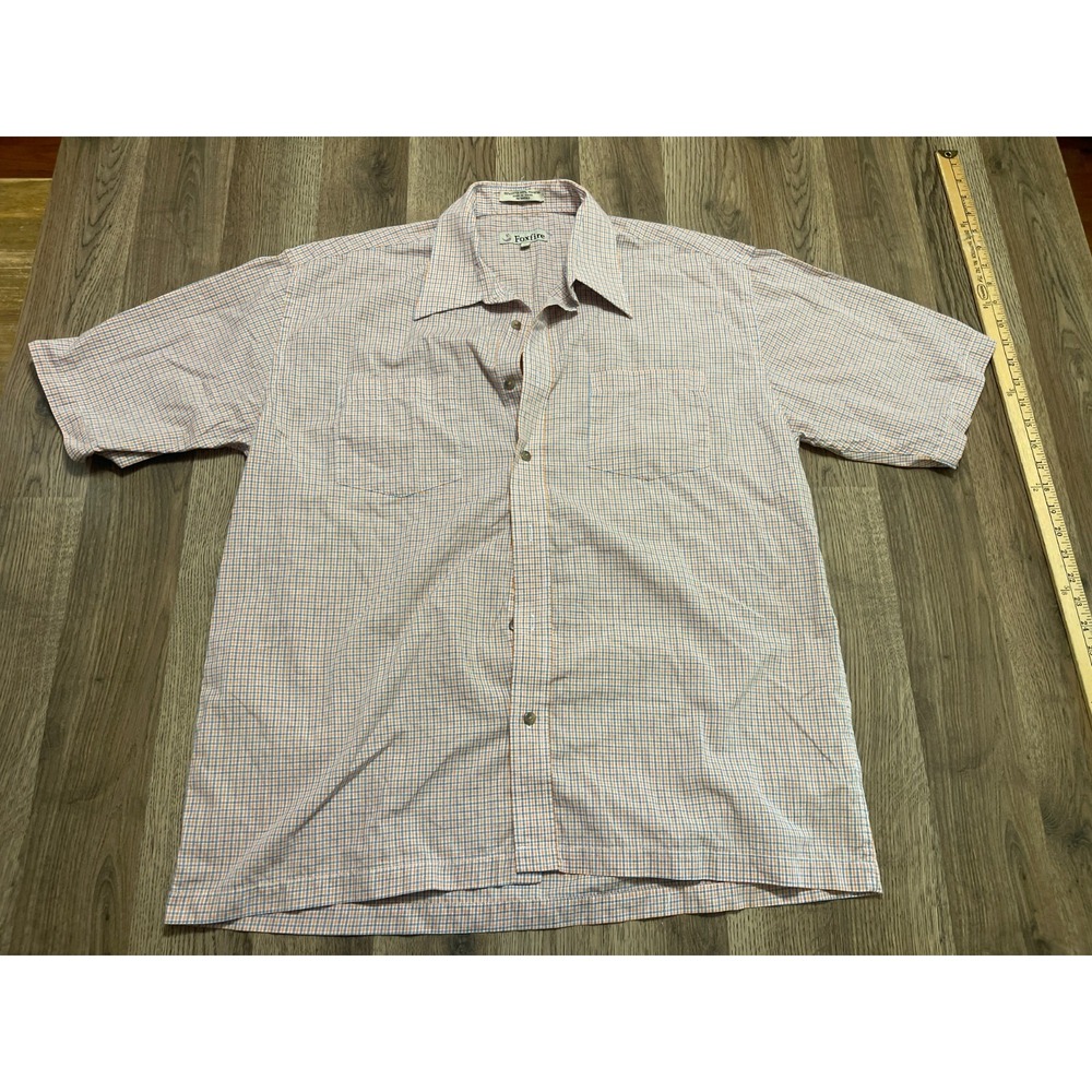 Foxfire Shirt, Men's Size Large, Orange Blue White Plaid Short Sleeve Button up